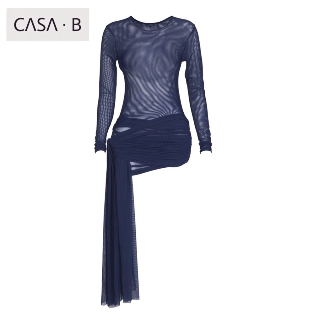 5⭐️CASA B | Solene Midnight Blue Mesh Asymmetrical Draped Mini Dress - Picture 2 of 5